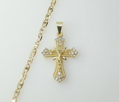 Small Cross Jesus Christ Crucifix Golden Plated 3mm Flat Mariner Anchor Chain