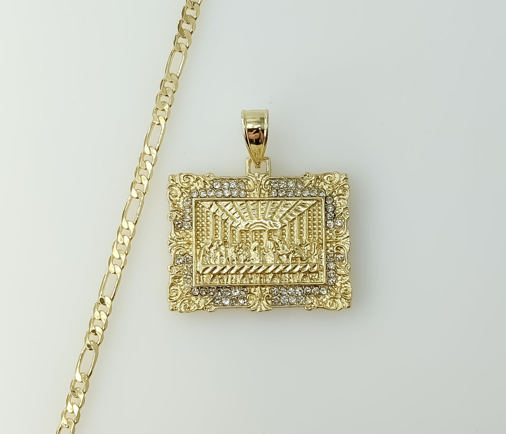 Gold plated 3mm figaro chain necklace with intricate The Last Supper design.

Gold plated 3mm figaro chain necklace feat