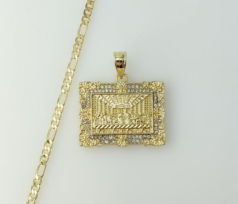 Gold plated 3mm figaro chain necklace with intricate The Last Supper design.

Gold plated 3mm figaro chain necklace feat