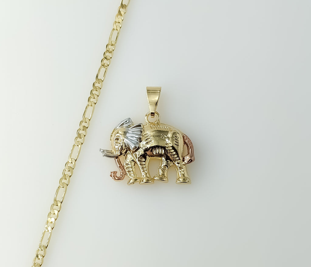 Gold plated three-strand figaro chain necklace with an elephant pendant.

Gold plated Figaro chain with an elephant pend