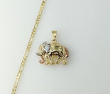 Gold plated three-strand figaro chain necklace with an elephant pendant.

Gold plated Figaro chain with an elephant pend