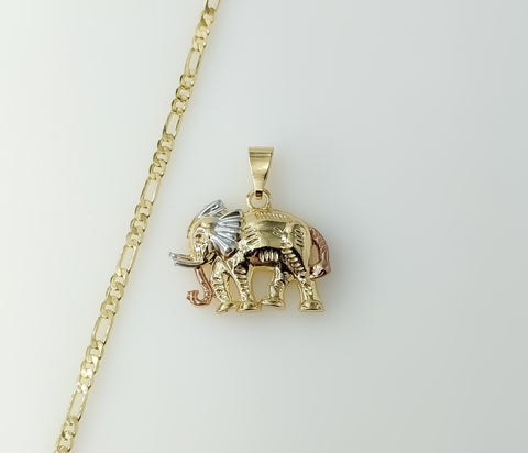 Gold plated three-strand figaro chain necklace with an elephant pendant.

Gold plated Figaro chain with an elephant pend