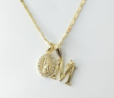 Plated Dainty Letter "M" Virgin Mary Double Pendants 2mm Star Solid Chain Necklace