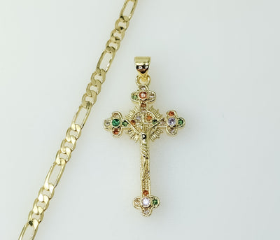 Plated Small Cross Jesus Crucifix 3mm Figaro Chain Necklace