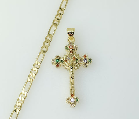 Gold plated small cross Jesus crucifix pendant on a 3mm figaro chain necklace.

Gold plated small cross Jesus crucifix p