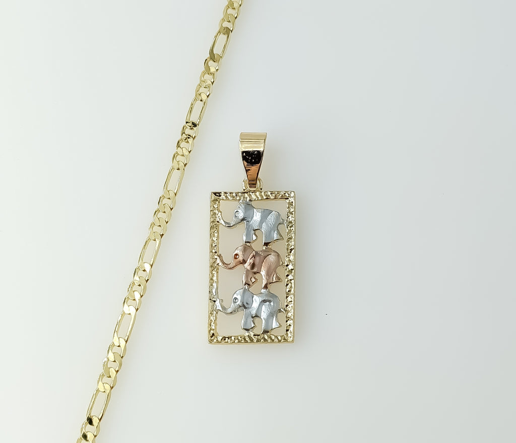 Gold plated tri-color elephant pendant on a 3mm figaro chain necklace.
Gold plated tri-color elephant charm on a figaro