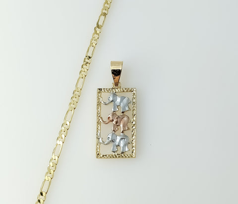 Gold plated tri-color elephant pendant on a 3mm figaro chain necklace.
Gold plated tri-color elephant charm on a figaro