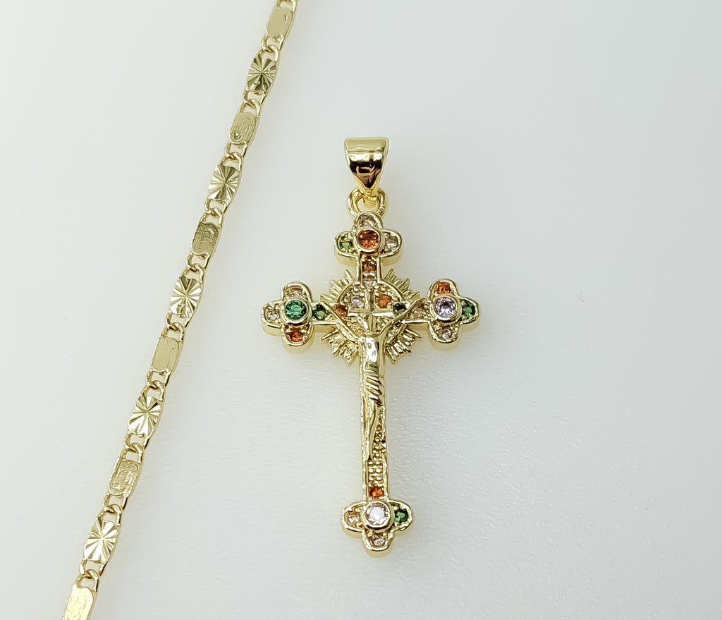 Gold plated solid chain necklace with a small cross Jesus crucifix pendant.

Gold plated solid chain necklace featuring