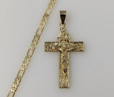 Virgin Mary Jesus Christ Crucifix Cross 14K Plated 4mm Diamond Cut Figaro Chain