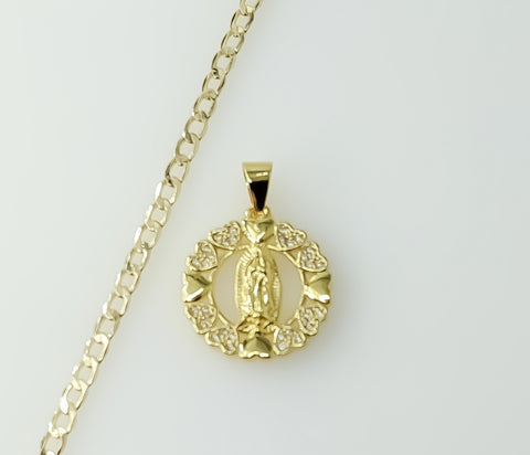 14K gold plated Cuban chain necklace featuring Virgin Mary pendant design.
Gold plated Cuban chain necklace with Virgin