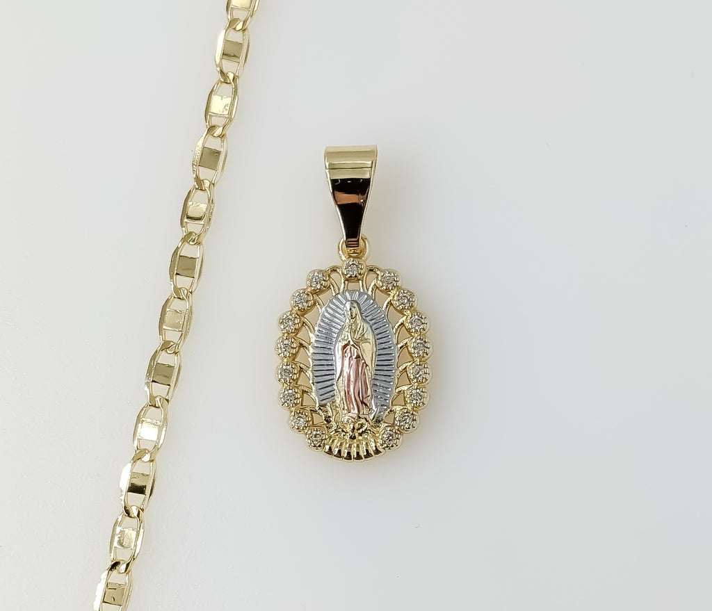 Plated Dainty Tri-Color Virgin Mary 3mm Flat Mariner Anchor Chain Necklace