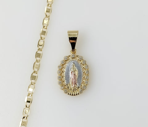 Plated Dainty Tri-Color Virgin Mary 3mm Flat Mariner Anchor Chain Necklace