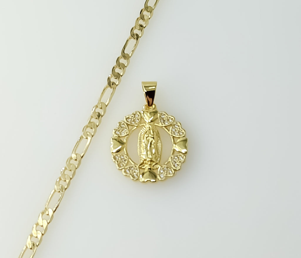 Gold plated small Virgin Mary figurine pendant on a 3mm figaro chain necklace.