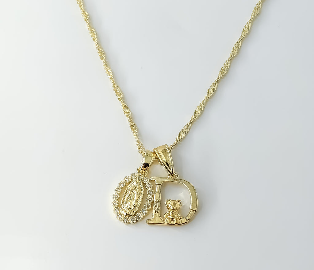 Gold plated double pendants on 14K twist chain necklace with D-shaped Mary pendant.

Gold plated 14K twist chain necklac