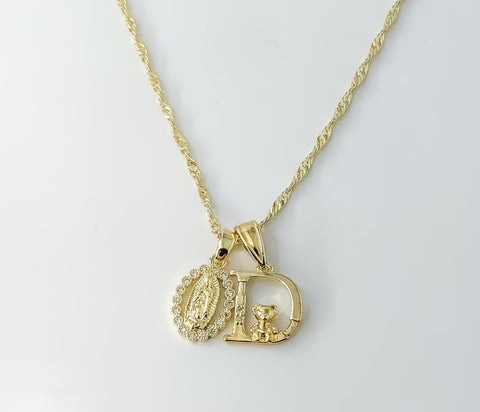 Gold plated double pendants on 14K twist chain necklace with D-shaped Mary pendant.

Gold plated 14K twist chain necklac