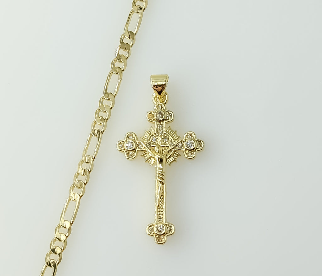 Gold plated 3mm figaro chain necklace with small cross pendant.

Gold plated figaro chain necklace featuring a small cro