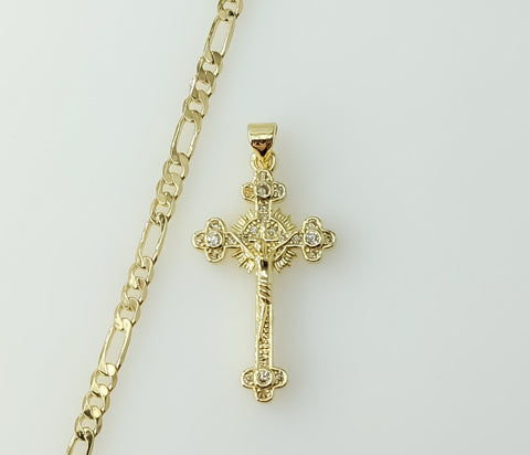Gold plated 3mm figaro chain necklace with small cross pendant.

Gold plated figaro chain necklace featuring a small cro
