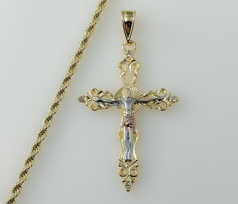 Plated Tri-Color Cross Crucifix 3mm Rope/Braided Chain Necklace