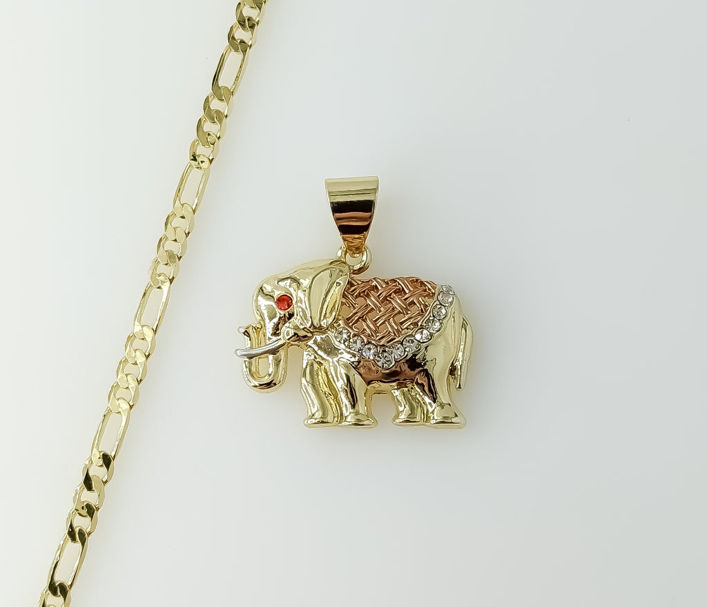 Plated Tri-Color Elephant 3mm Figaro Chain Necklace