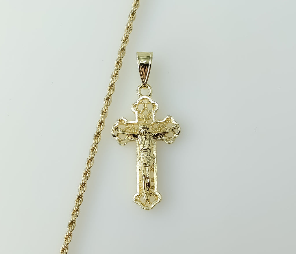 A gold plated rope braided chain necklace with a cross pendant.

A gold plated cross pendant on a braided rope chain nec