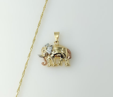 Gold plated 14K twist chain necklace with tri-color elephant pendant design.
Gold plated 14K tri-color elephant pendant