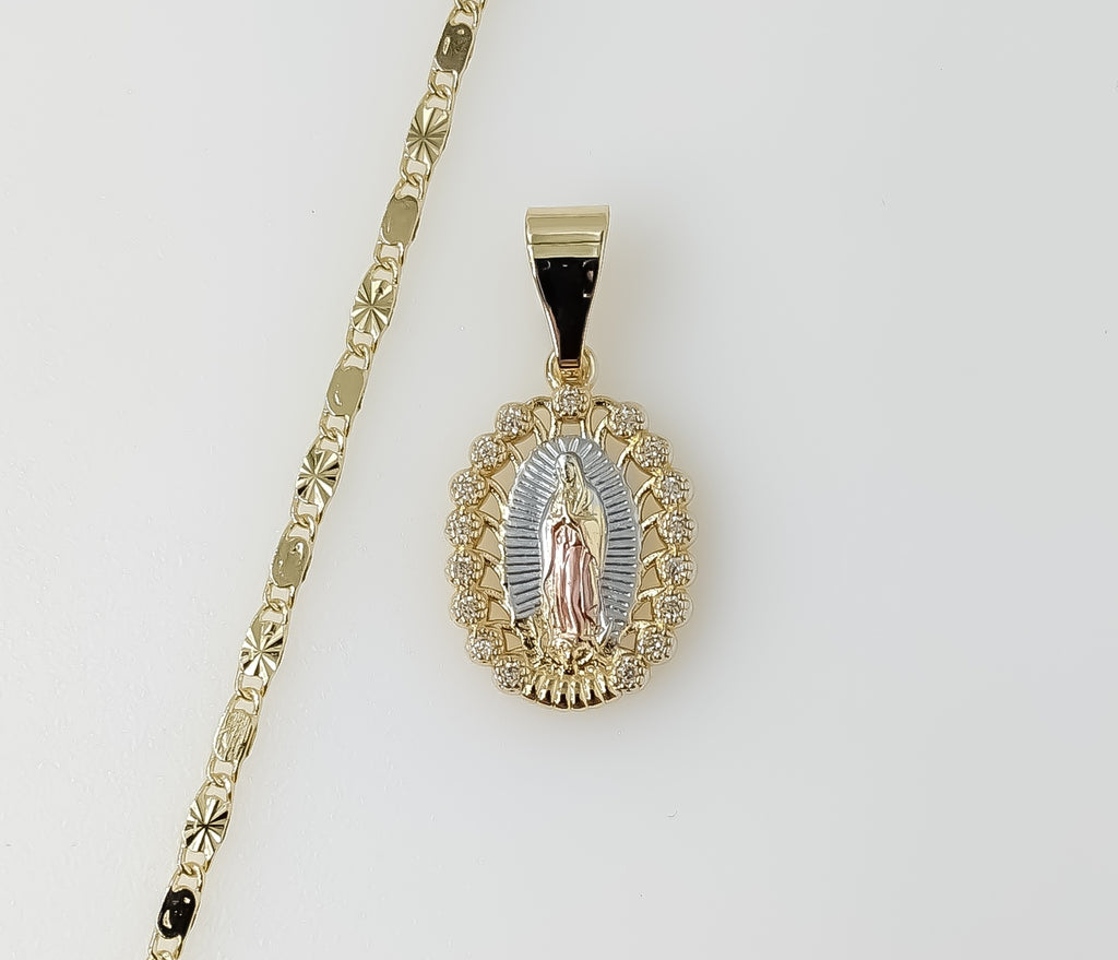 Plated Dainty Tri-Color Virgin Mary 2mm Star Solid Chain Necklace