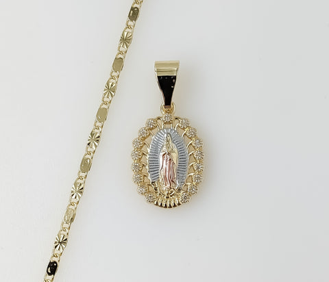 Plated Dainty Tri-Color Virgin Mary 2mm Star Solid Chain Necklace