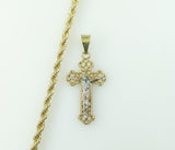 Gold plated tri-color cross pendant on a rope and braided chain necklace.