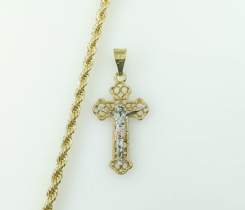 Gold plated tri-color cross pendant on a rope and braided chain necklace.