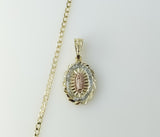 14K Gold Plated Cuban Chain Necklace with Tri-Color Virgin Mary Pendant Design
Virgin Mary figurine on a Tri-Color Plat
