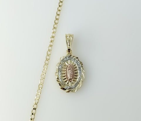 14K Gold Plated Cuban Chain Necklace with Tri-Color Virgin Mary Pendant Design
Virgin Mary figurine on a Tri-Color Plat
