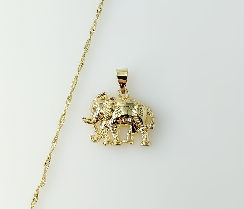 Gold plated 14K twist chain necklace featuring an elephant pendant design.
Gold plated 14K chain necklace with an intric