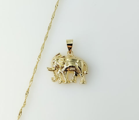 Gold plated 14K twist chain necklace featuring an elephant pendant design.
Gold plated 14K chain necklace with an intric