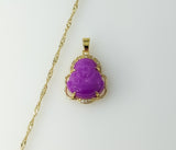 A delicate 14K gold-plated chain necklace with a Buddha pendant in a twist design.

A gold-plated Buddha pendant adorns