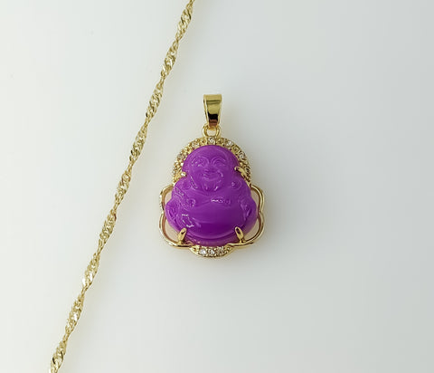 A delicate 14K gold-plated chain necklace with a Buddha pendant in a twist design.

A gold-plated Buddha pendant adorns