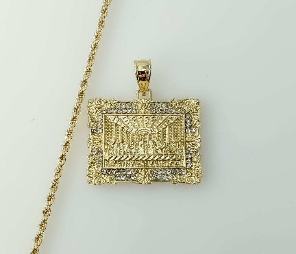 Gold plated braided chain necklace with The Last Supper pendant design.
Gold plated rope and braided chain necklace with
