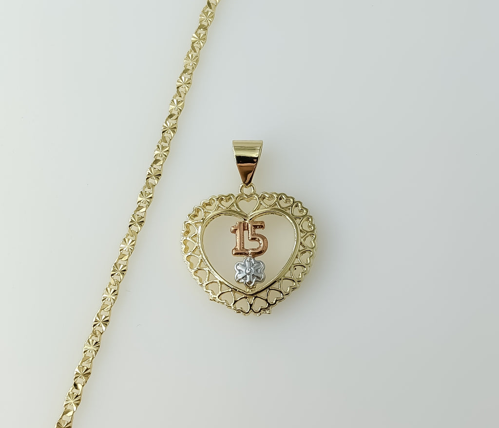 Gold-plated star chain necklace with tri-color heart charm and 3mm chain link.