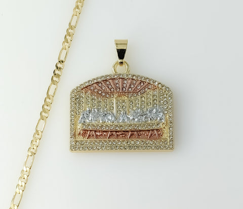 Plated Tri-Color Blinged The Last Supper 3mm Figaro Chain Necklace