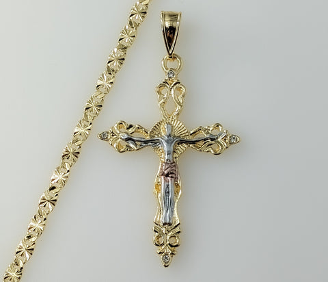 Plated Tri-Color Cross Crucifix 4mm Star Chain Necklace