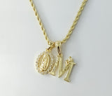 Plated Dainty Letter "M" Virgin Mary Double Pendants 2mm Rope/Braided Chain Necklace