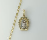Gold plated tri-color figaro chain Virgin Mary necklace with pendant design.
Gold plated Virgin Mary pendant on tri-colo