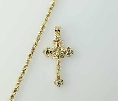 Plated Small Cross Jesus Crucifix 2mm Rope/Braided Chain Necklace