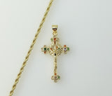 Gold plated small cross Jesus crucifix pendant on a braided chain necklace.
A small gold plated cross Jesus crucifix pen