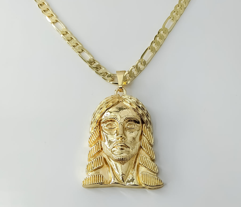 Gold plated 18K figaro chain necklace with Jesus pendant and clasp.