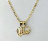 Gold plated Virgin Mary double pendants on a 3mm figaro chain necklace.
Small letter "D" charm in a dainty tri-color Vir