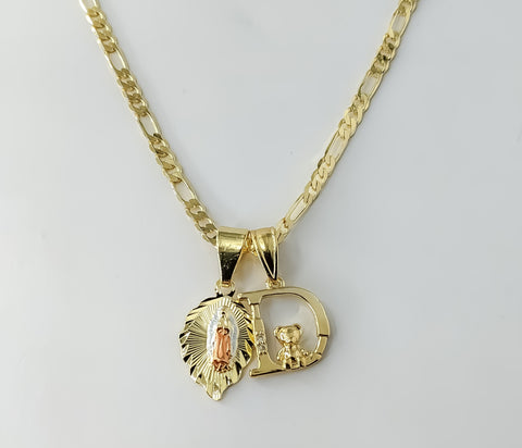 Gold plated Virgin Mary double pendants on a 3mm figaro chain necklace.
Small letter "D" charm in a dainty tri-color Vir