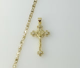 A gold plated mariner anchor chain necklace with a small cross pendant.

A gold plated chain necklace with a small cross