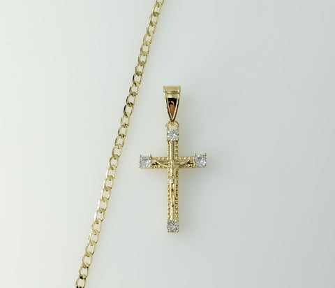 Gold plated 14K cross pendant on a 3mm Cuban chain necklace.
Gold plated Cuban chain necklace with small cross pendant