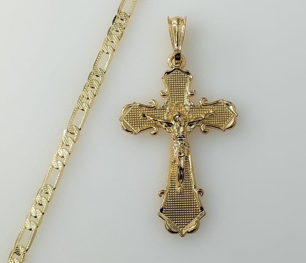 Plated Cross Crucifix 4mm 14K Diamond Cut Figaro Chain Necklace