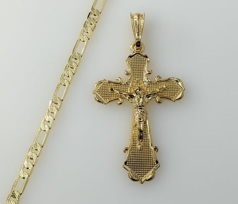 Plated Cross 4mm 14K Diamond Cut Figaro Chain Necklace